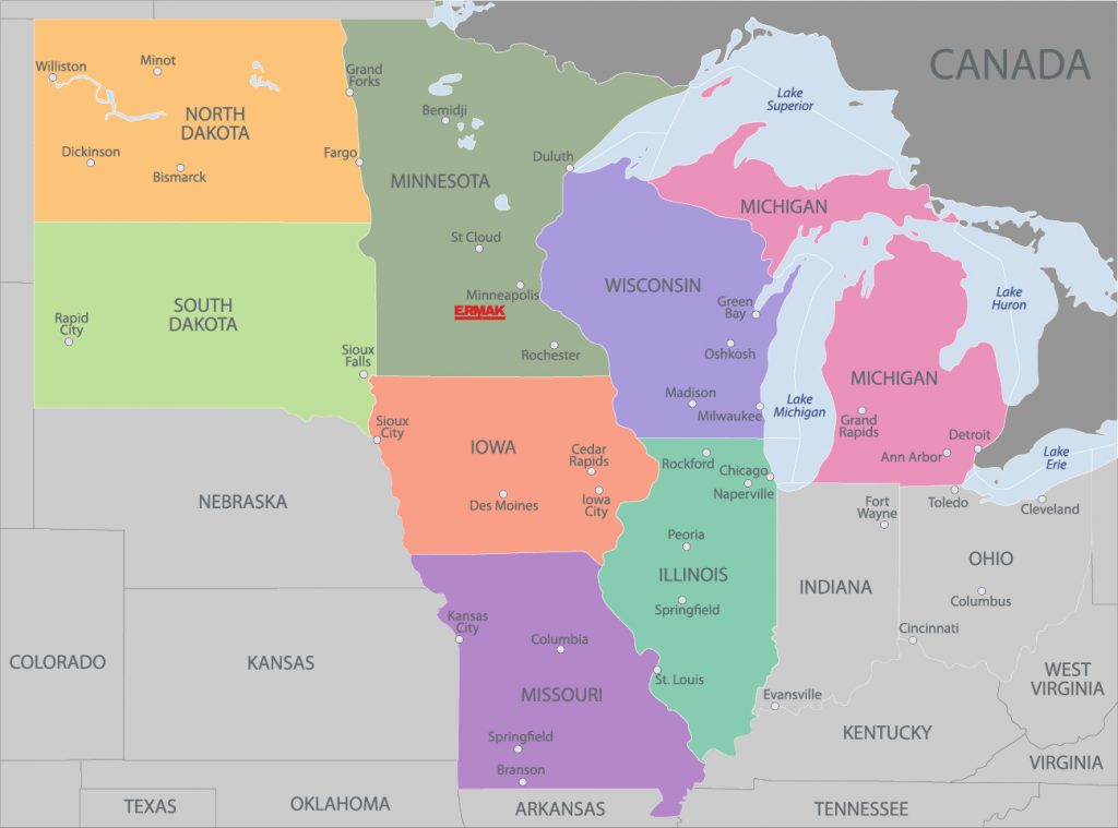 Upper Midwest Map Displaying Ermak's location